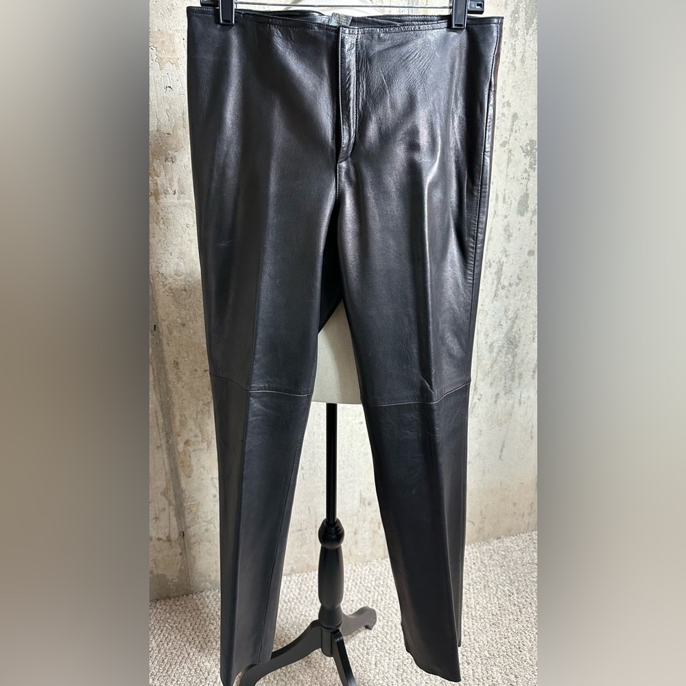 Banana Republic- Black leather raw edge waist band straight leg pant, Size 10